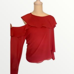 Naked Zebra Red One-Shoulder Ruffle Blouse